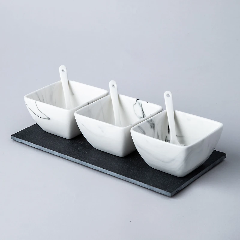 KSP Marble Porcelain Bowls with Tray and Spoons - Set of 7 (White/Grey)