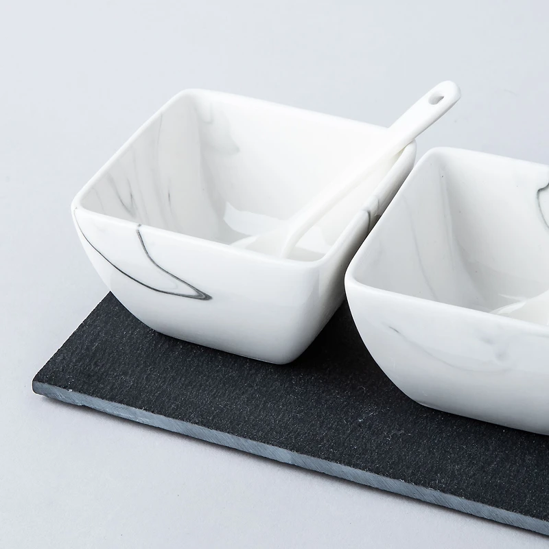 KSP Marble Porcelain Bowls with Tray and Spoons - Set of 7 (White/Grey)
