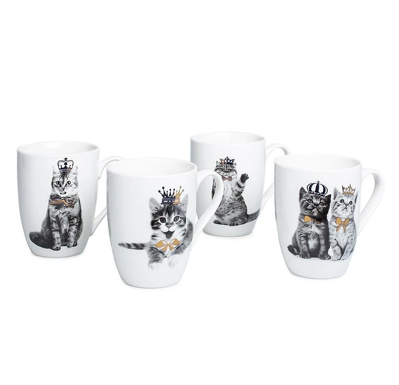 KSP Graphic 'Royal Cat' Mug - Set of 4 (Black/White/Gold)