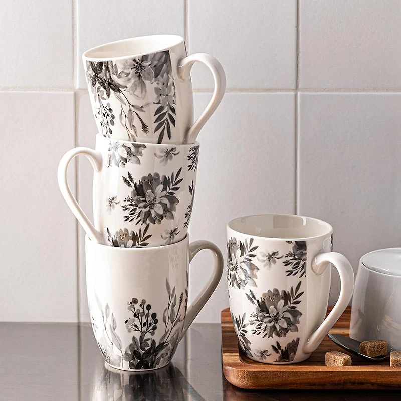 KSP Graphic 'Bloom' Mug - Set of 4 (White/Black)