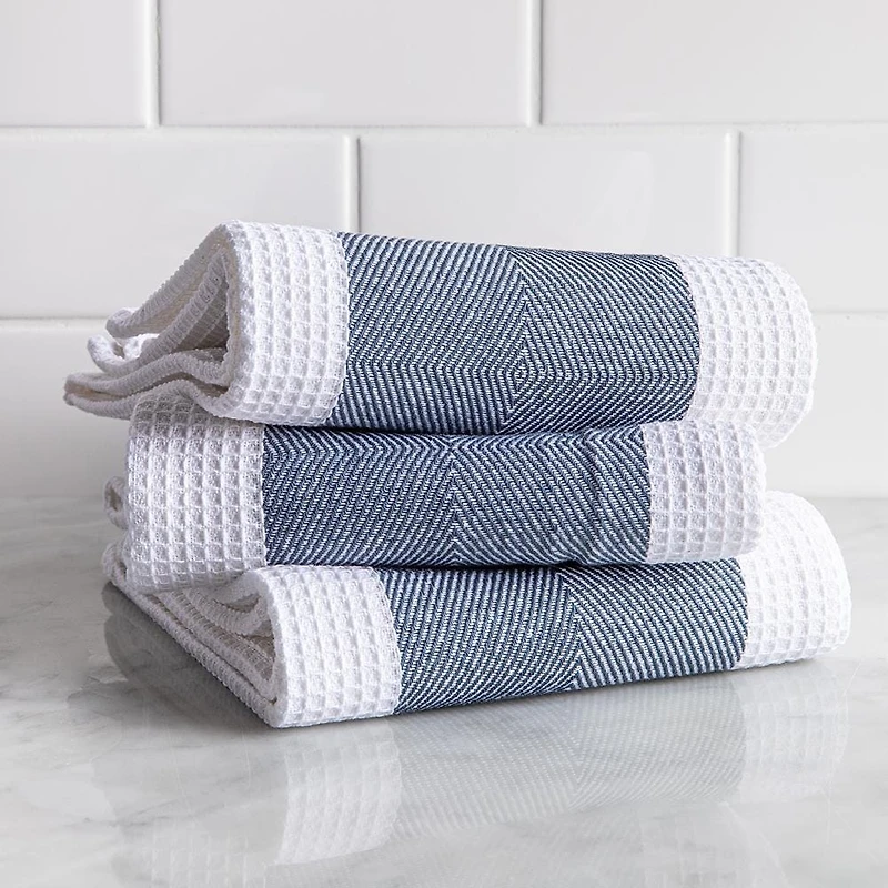 Harman Premium Quality 'Blocks' Kitchen Towel - Set of 3 (Navy)