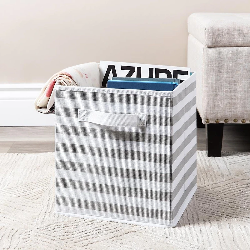 KSP Collapsible 'Stripes' Non-Woven Storage Bin (Light Grey) 10x10x11"