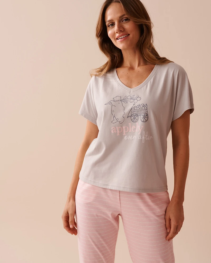 Apple Print Cotton V-neck T-shirt