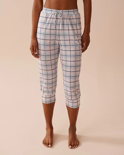 Blue Plaid Cotton Fitted Pajama Capris