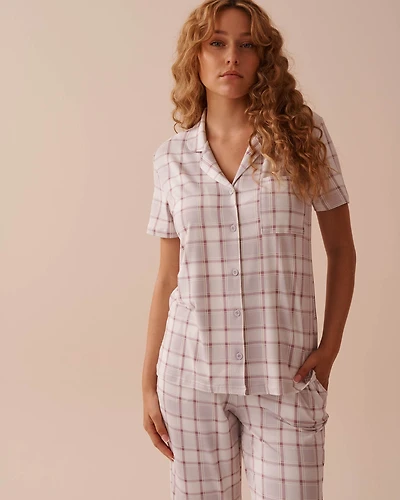 Chemisier manches courtes ultra doux à carreaux gris