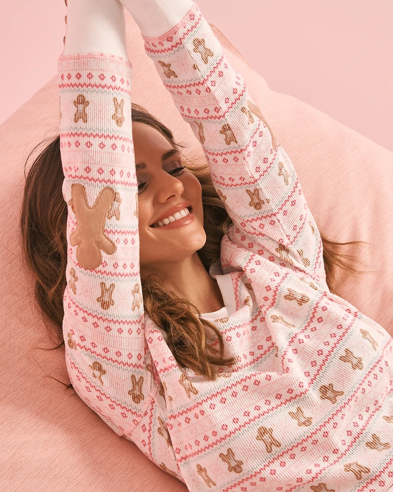 Gingerbread Print Waffle Knit Long Sleeve Shirt