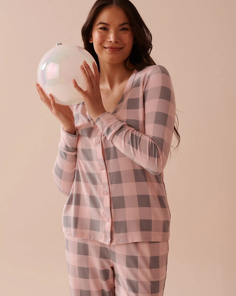 Diagonal Plaid Super Soft V-neck Button-front Top