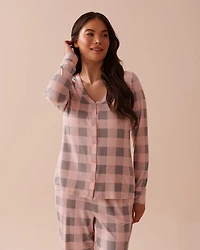 Diagonal Plaid Super Soft V-neck Button-front Top