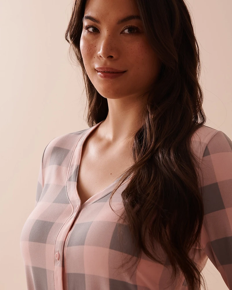 Diagonal Plaid Super Soft V-neck Button-front Top