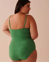 GREEN TROPICAL LEAVES Textured Cross Front One-piece Swimsuit