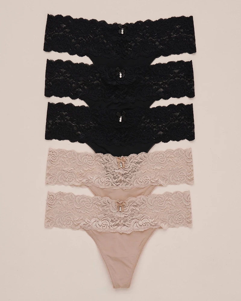 Lot de 5 culottes tanga microfibre et large bande dentelle