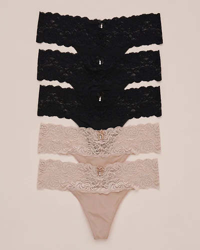 Lot de 5 culottes tanga microfibre et large bande dentelle