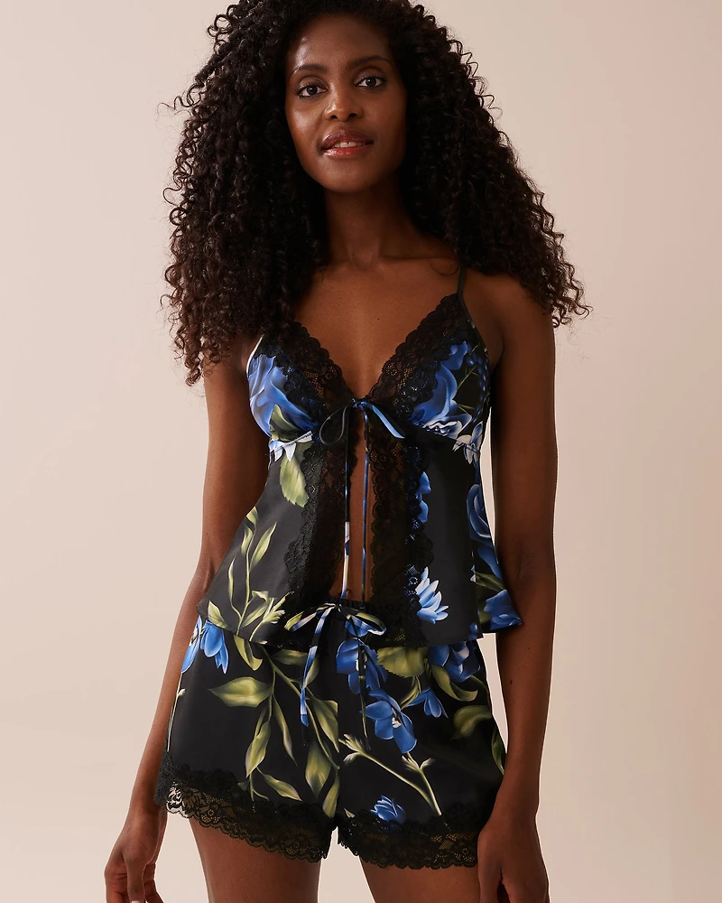 Rose Print Satin and Lace Trim Open Front Cami