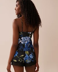 Rose Print Satin and Lace Trim Open Front Cami