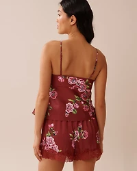 Rose Print Satin and Lace Trim Open Front Cami