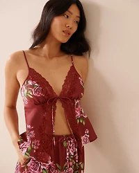 Rose Print Satin and Lace Trim Open Front Cami