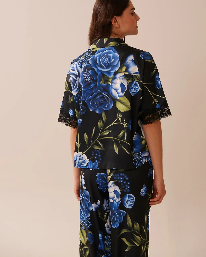 Rose Print Satin and Lace Trim Button-down Shirt