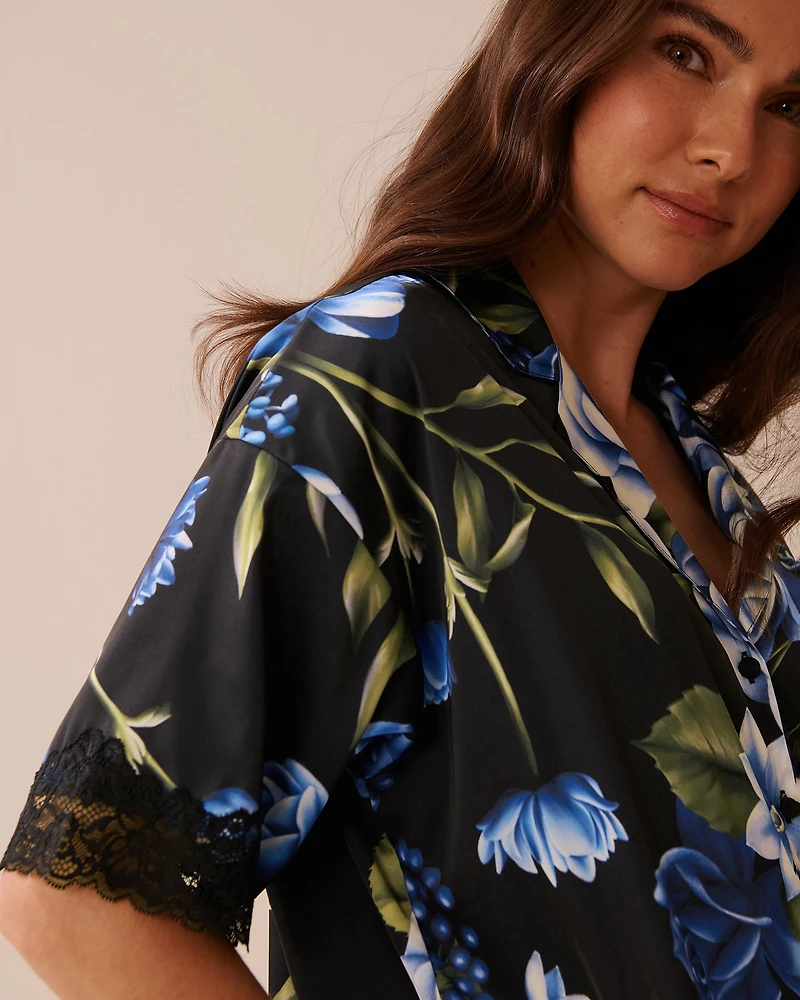 Rose Print Satin and Lace Trim Button-down Shirt