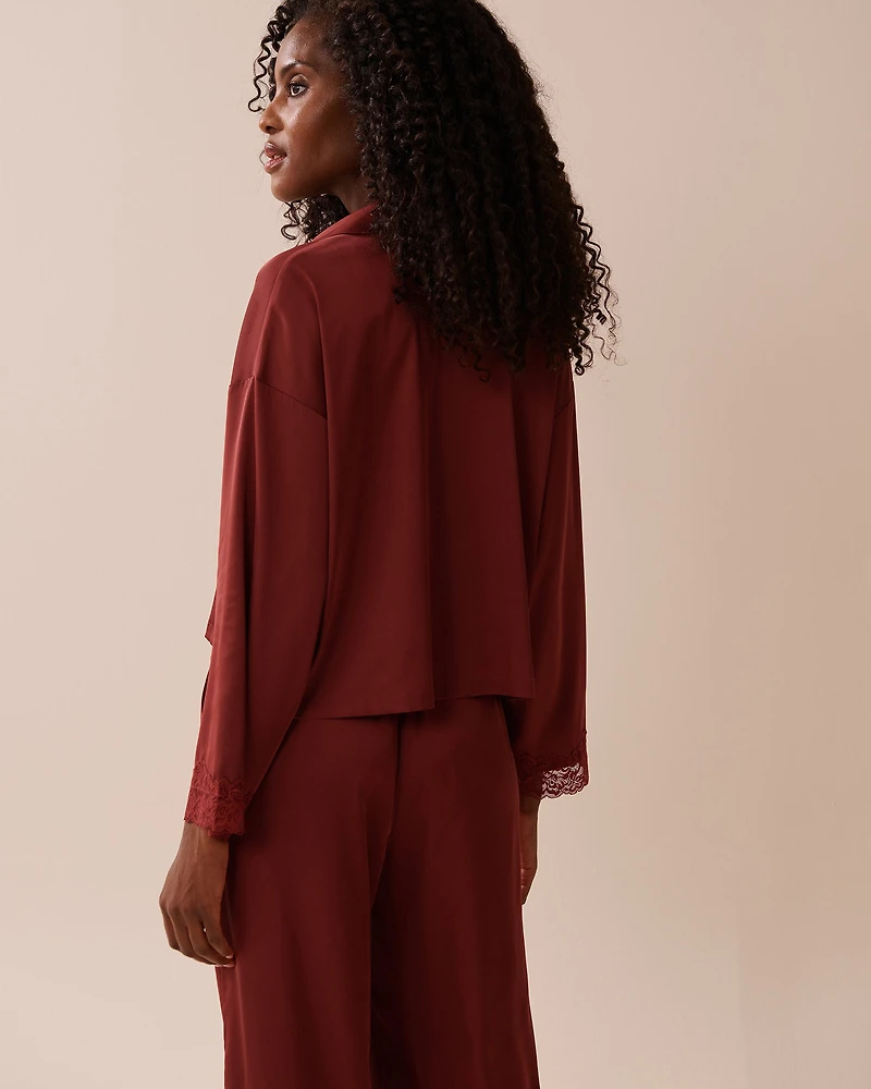 Satin and Lace Trim Long Sleeve Button-down Shirt