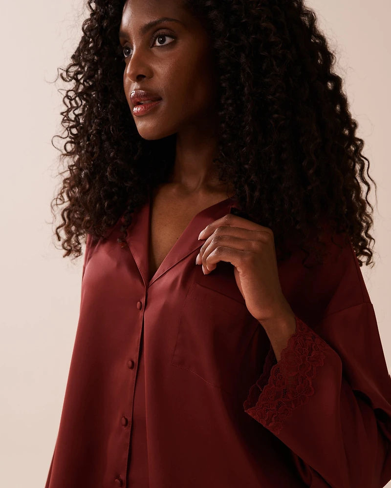 Satin and Lace Trim Long Sleeve Button-down Shirt