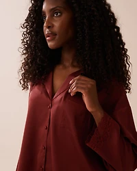 Satin and Lace Trim Long Sleeve Button-down Shirt