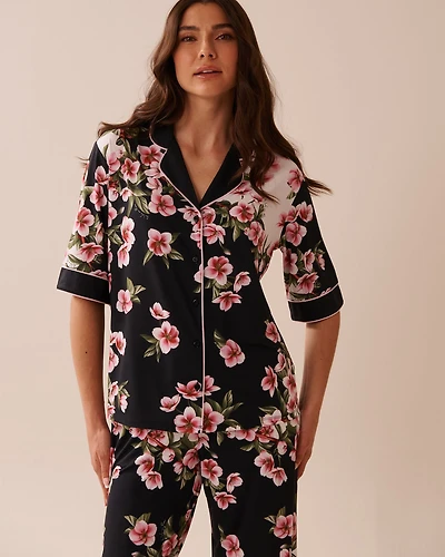 Cherry Blossom Print Recycled Fibers 3/4 Sleeve Button-down Shirt