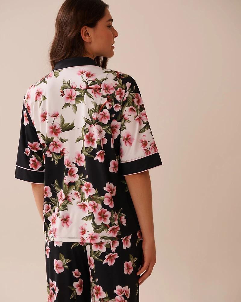 Cherry Blossom Print Recycled Fibers 3/4 Sleeve Button-down Shirt