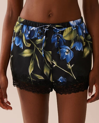 Rose Print Satin and Lace Trim Shorts