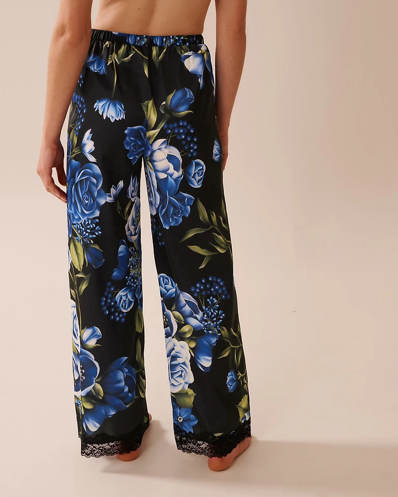 Rose Print Satin and Lace Trim Pants