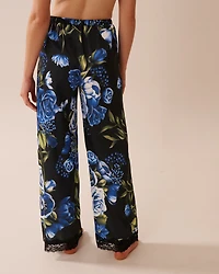 Rose Print Satin and Lace Trim Pants