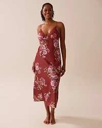 Rose Print Satin and Lace Trim Long Nightie
