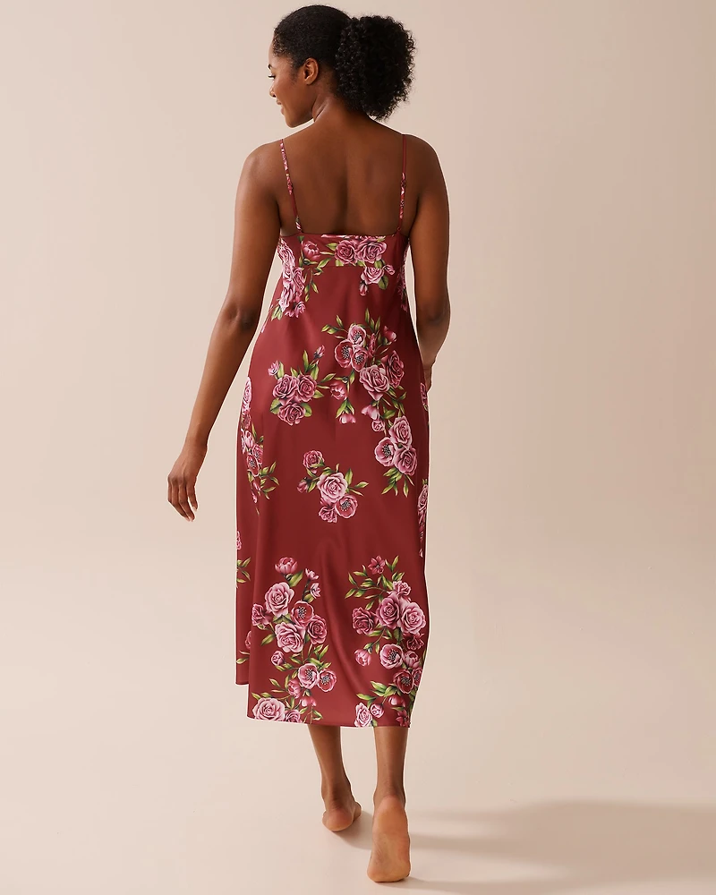 Rose Print Satin and Lace Trim Long Nightie