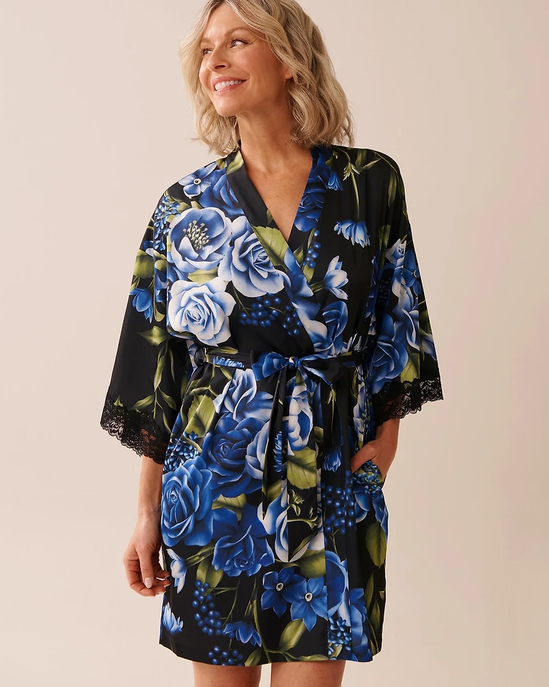 Rose Print Satin and Lace Trim Kimono