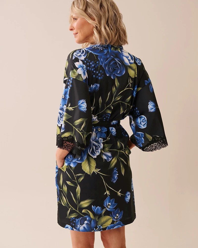 Rose Print Satin and Lace Trim Kimono