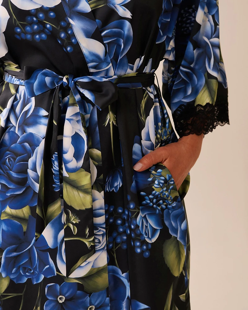 Rose Print Satin and Lace Trim Kimono