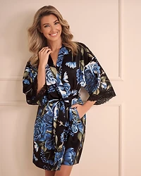 Rose Print Satin and Lace Trim Kimono