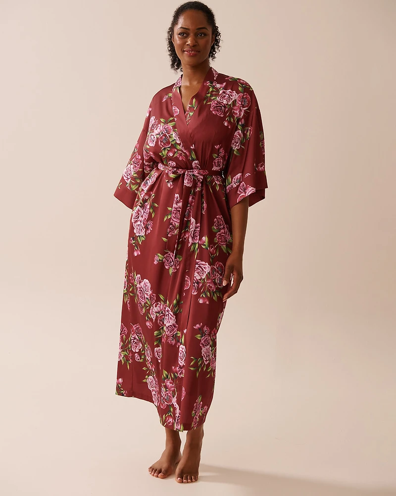 Rose Print Satin Long Kimono