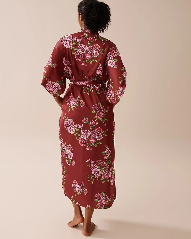 Rose Print Satin Long Kimono