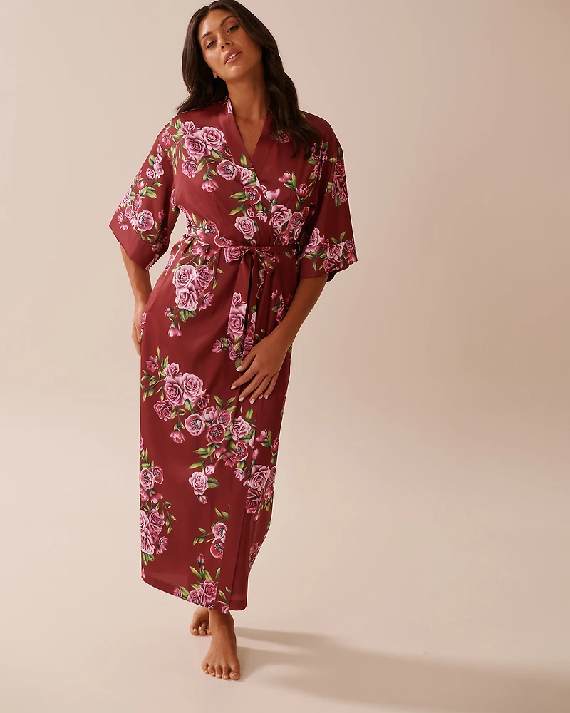 Rose Print Satin Long Kimono