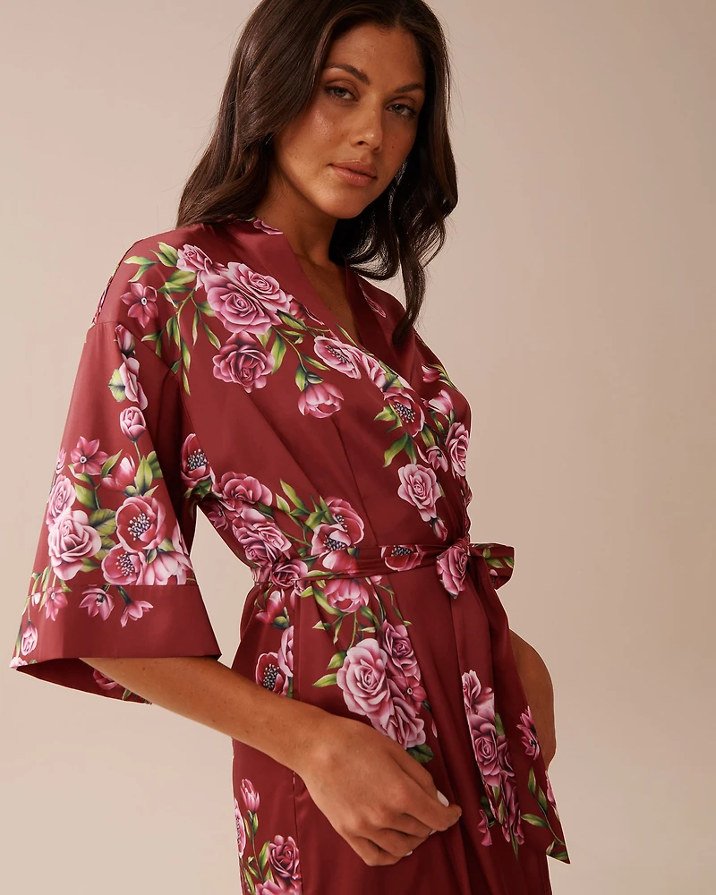 Rose Print Satin Long Kimono