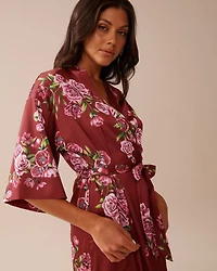 Rose Print Satin Long Kimono