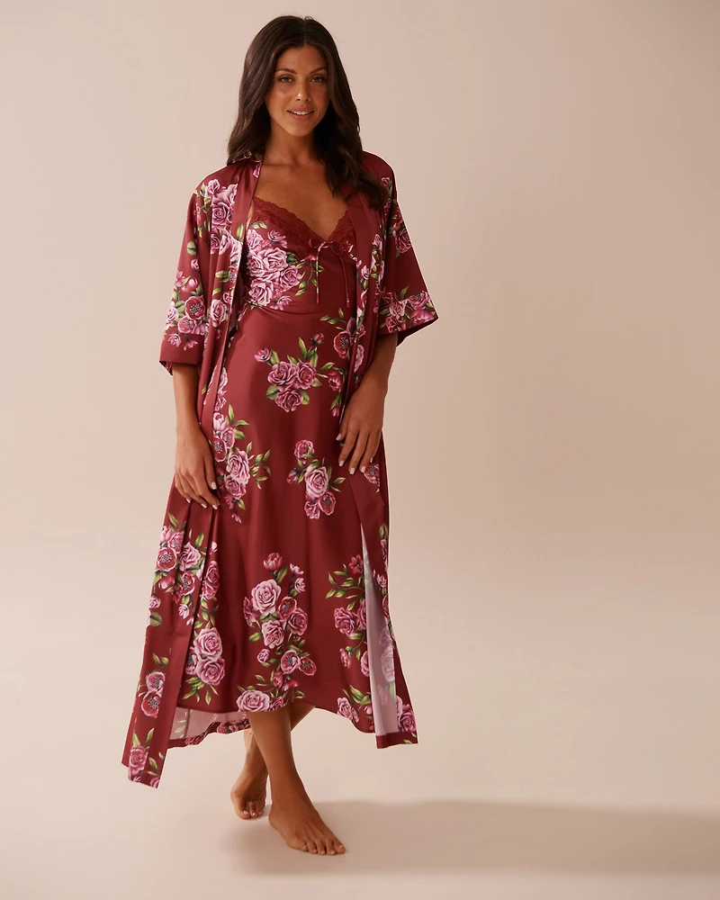 Rose Print Satin Long Kimono
