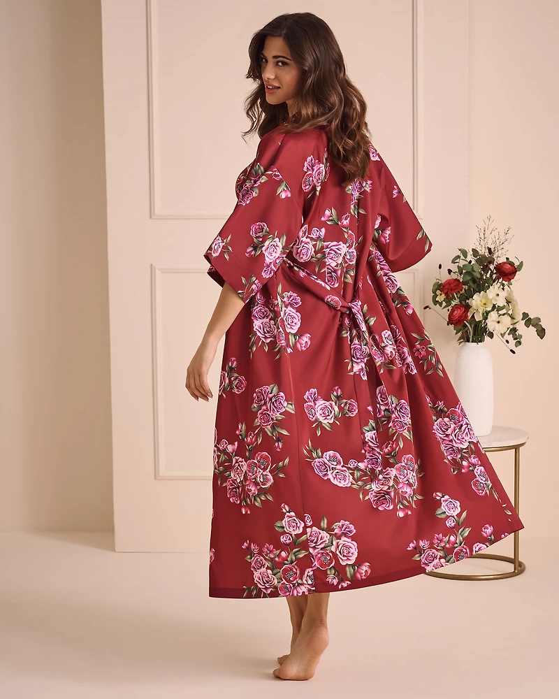 Rose Print Satin Long Kimono