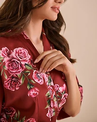 Rose Print Satin Long Kimono