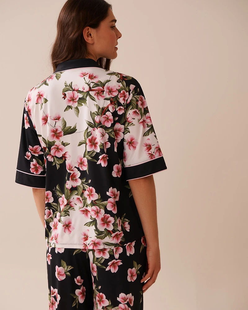 Chemisier manches 3/4 en fibres recyclées imprimé fleurs de cerisier