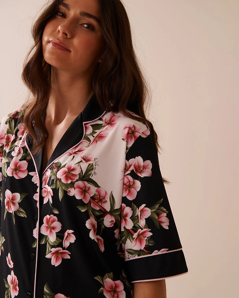 Cherry Blossom Print Recycled Fibers 3/4 Sleeve Button-down Shirt