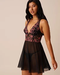 Embroidered Mesh Plunge Nightie
