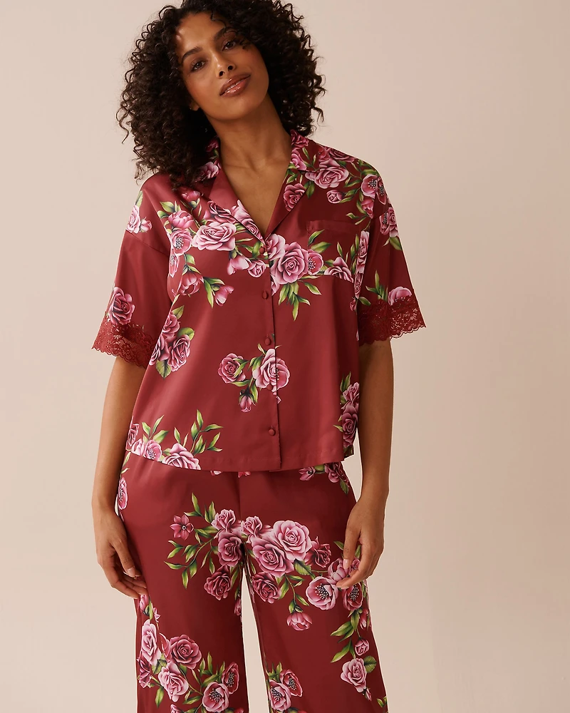 Rose Print Satin and Lace Trim Button-down Shirt