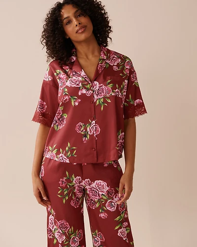 Rose Print Satin and Lace Trim Button-down Shirt