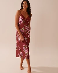 Rose Print Satin and Lace Trim Long Nightie